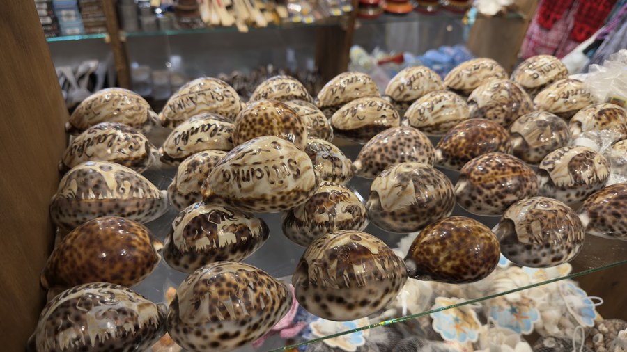 Hand-painted cowrie shell souvenirs at Sri Shop